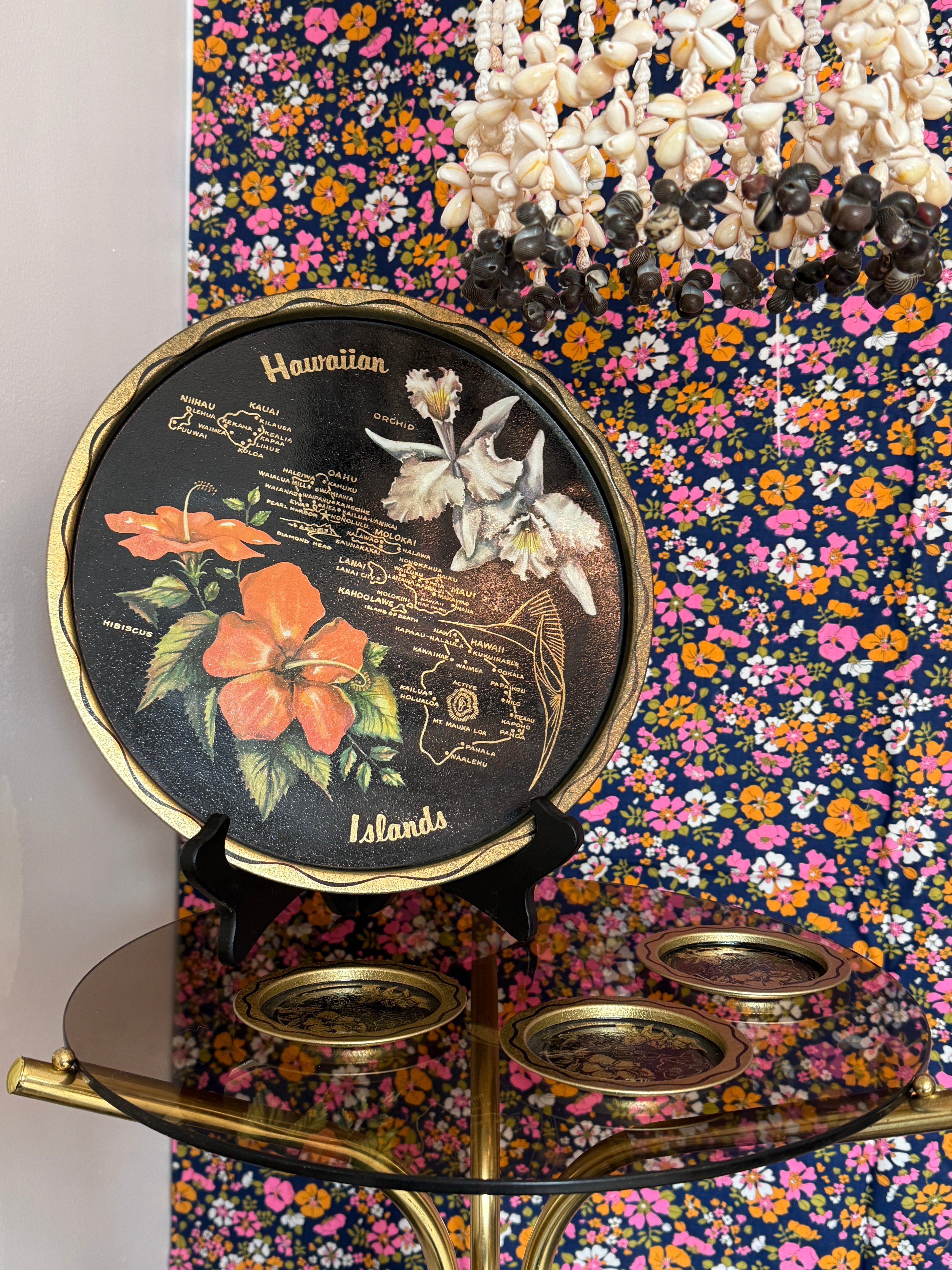 Vintage Hawaiian Hibiscus Tray & Coaster Set